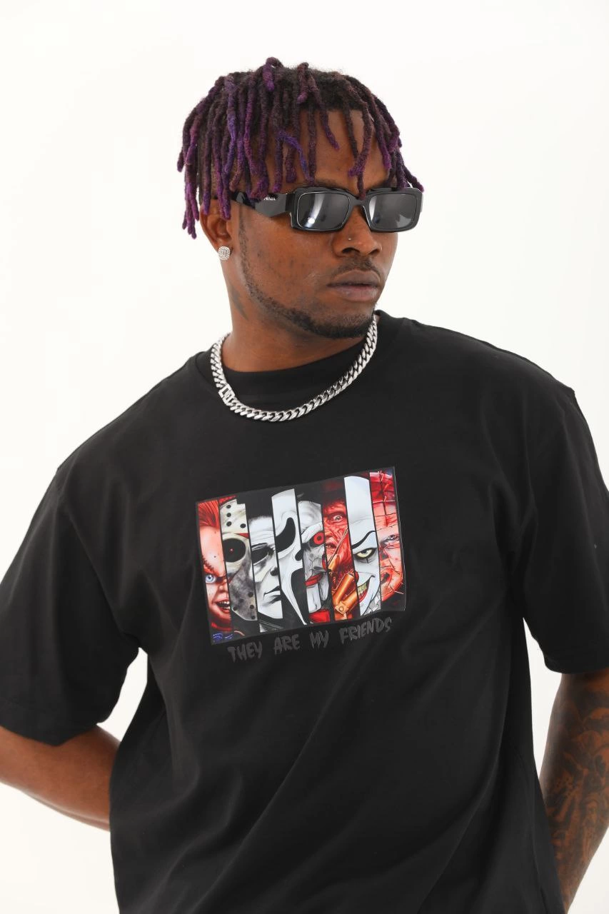 Oversize Baskılı Bisiklet Yaka T-Shirt - Siyah -