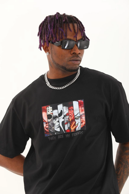 Oversize Baskılı Bisiklet Yaka T-Shirt - Siyah -