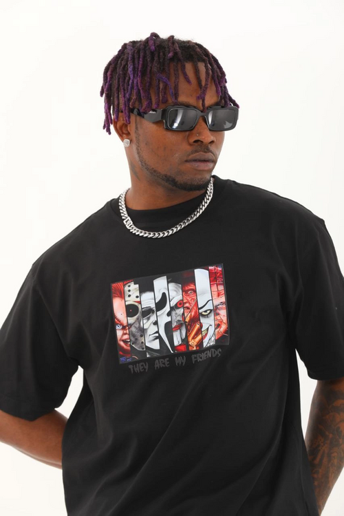 Oversize Baskılı Bisiklet Yaka T-Shirt - Siyah -