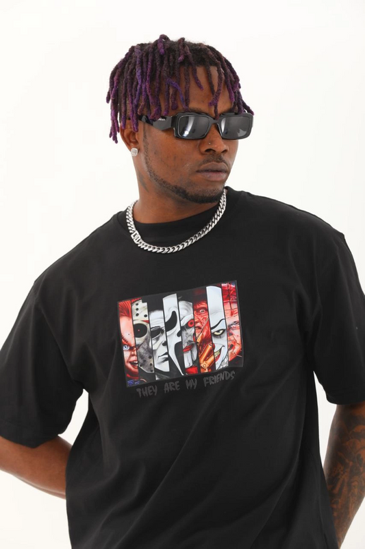 Oversize Baskılı Bisiklet Yaka T-Shirt - Siyah -
