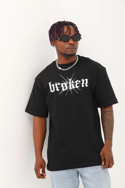 Oversize Baskılı Bisiklet Yaka T-Shirt - Siyah -