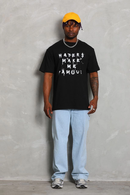 Oversize Baskılı Bisiklet Yaka T-Shirt - Siyah -