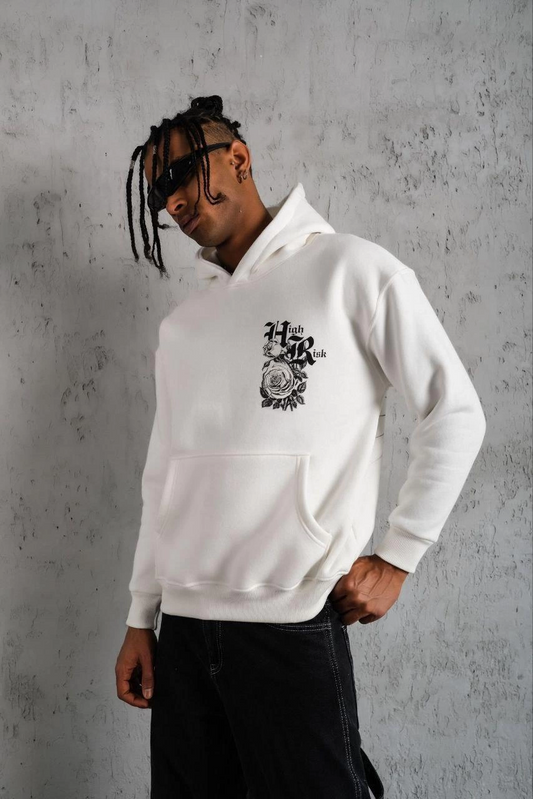 Baskılı Kapşonlu Sweat - Beyaz -