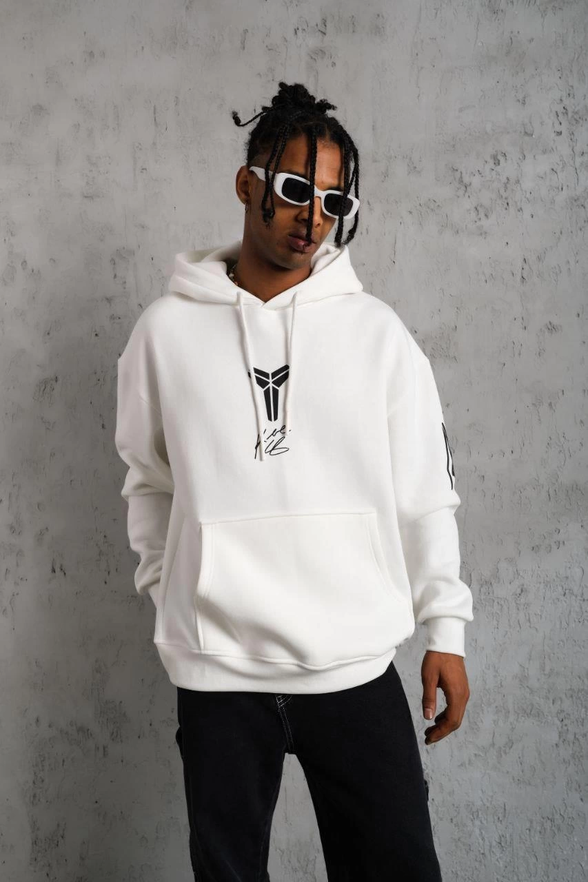 Baskılı Kapüşonlu Sweat - Beyaz -
