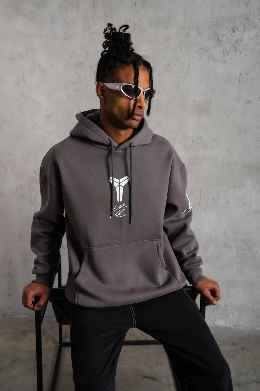 Baskılı Kapüşonlu Sweat - Gri
