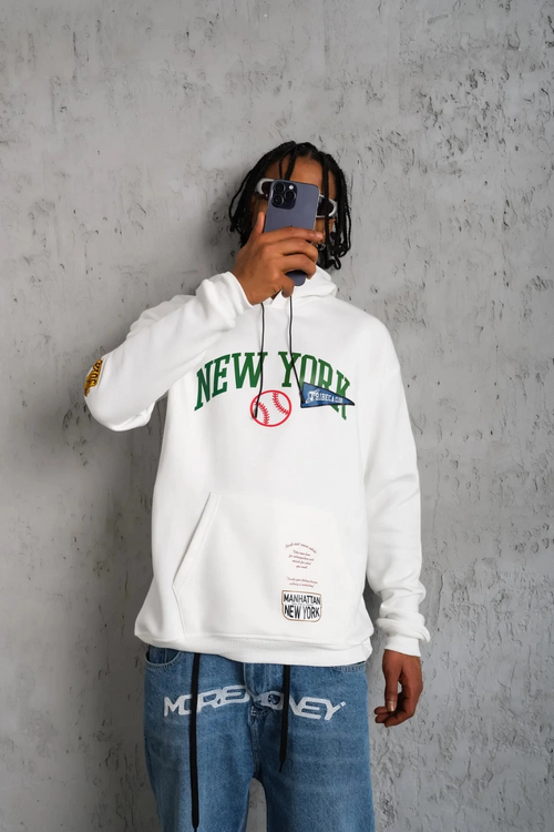 Baskılı Kapüşonlu Sweatshirt - Beyaz -