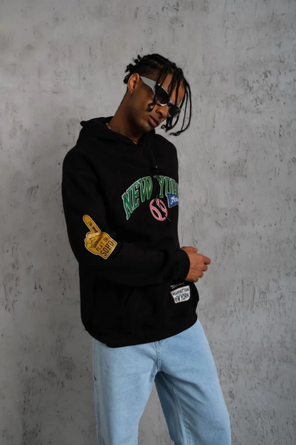 Baskılı Kapüşonlu Sweatshirt - Siyah -