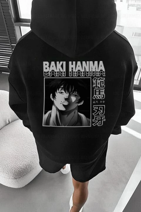 Baskılı Kapüşonlu ve Kordon İpli Sweat - Siyah -