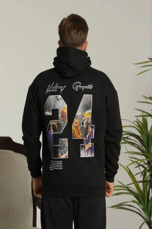 Baskılı Oversize Üç İplik Kapüşonlu Sweatshirt - Siyah