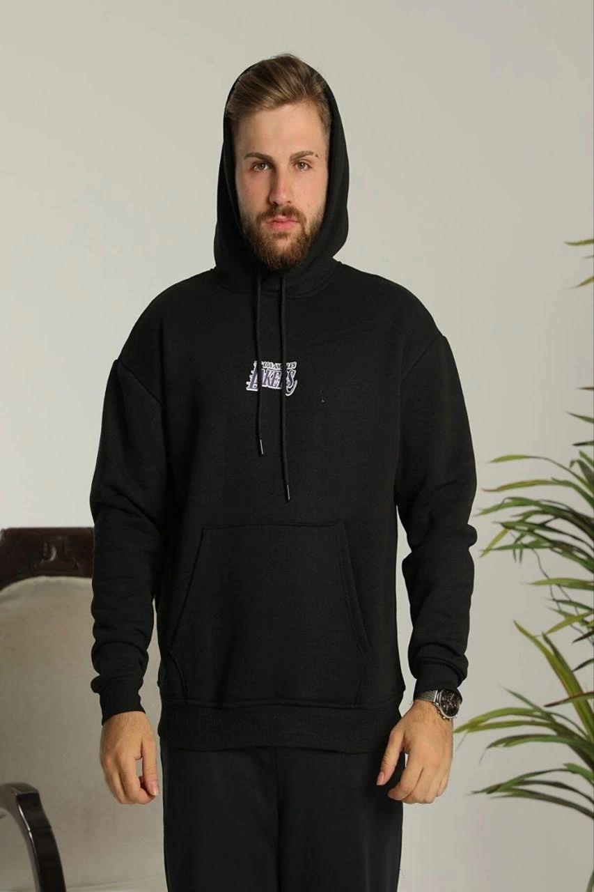Baskılı Oversize Üç İplik Kapüşonlu Sweatshirt - Siyah