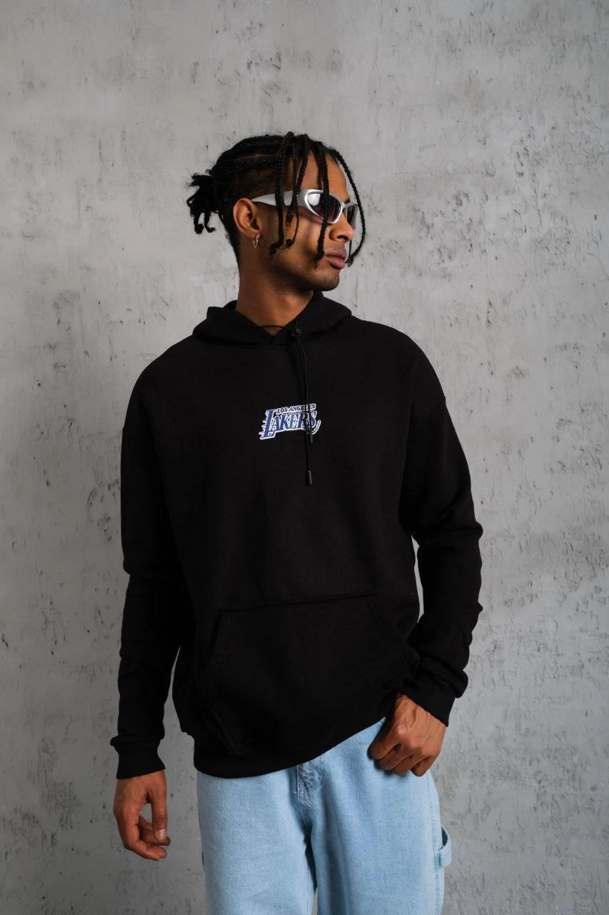 Baskılı Oversize Üç İplik Kapüşonlu Sweatshirt - Siyah
