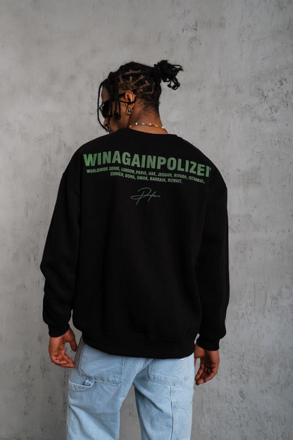 Oversize Sweatshirt - Siyah Renk | Ön ve Sırt Baskılı, Üç İplik İçi Pamuklu Kumaş, Rahat Kalıp, Ribanalı Kışlık Sweat | Winagain Polizei Serisi - Siyah