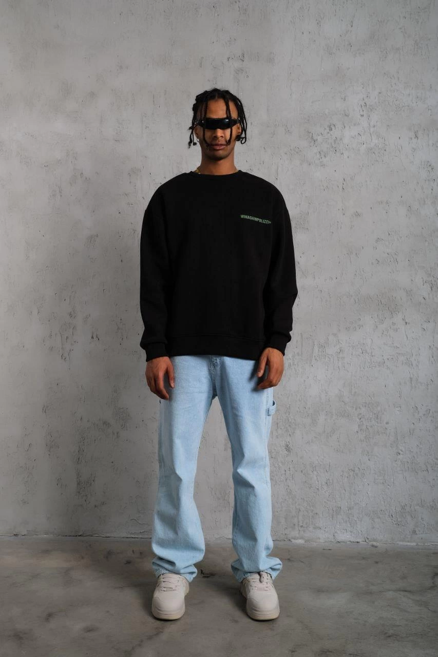 Oversize Sweatshirt - Siyah Renk | Ön ve Sırt Baskılı, Üç İplik İçi Pamuklu Kumaş, Rahat Kalıp, Ribanalı Kışlık Sweat | Winagain Polizei Serisi - Siyah