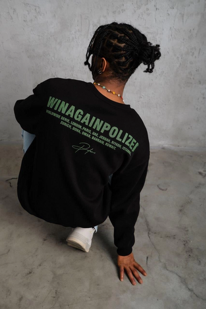 Oversize Sweatshirt - Siyah Renk | Ön ve Sırt Baskılı, Üç İplik İçi Pamuklu Kumaş, Rahat Kalıp, Ribanalı Kışlık Sweat | Winagain Polizei Serisi - Siyah