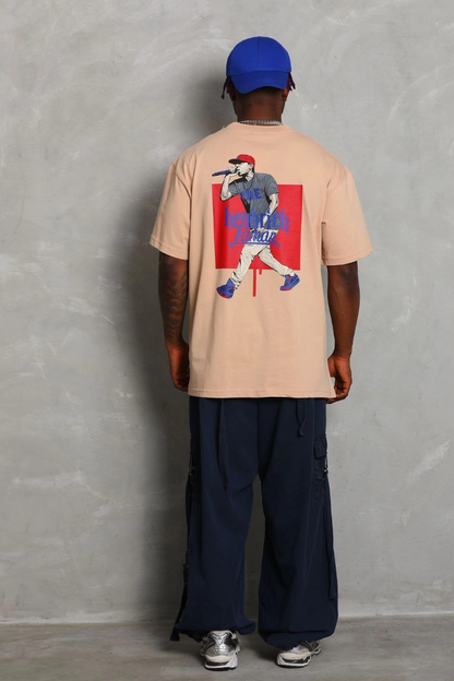 Oversize Baskılı Bisiklet Yaka T-Shirt - Bej -