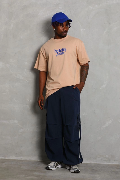 Oversize Baskılı Bisiklet Yaka T-Shirt - Bej -