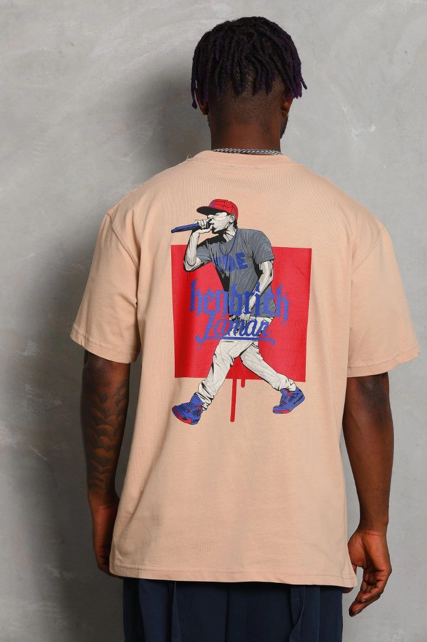 Oversize Baskılı Bisiklet Yaka T-Shirt - Bej -