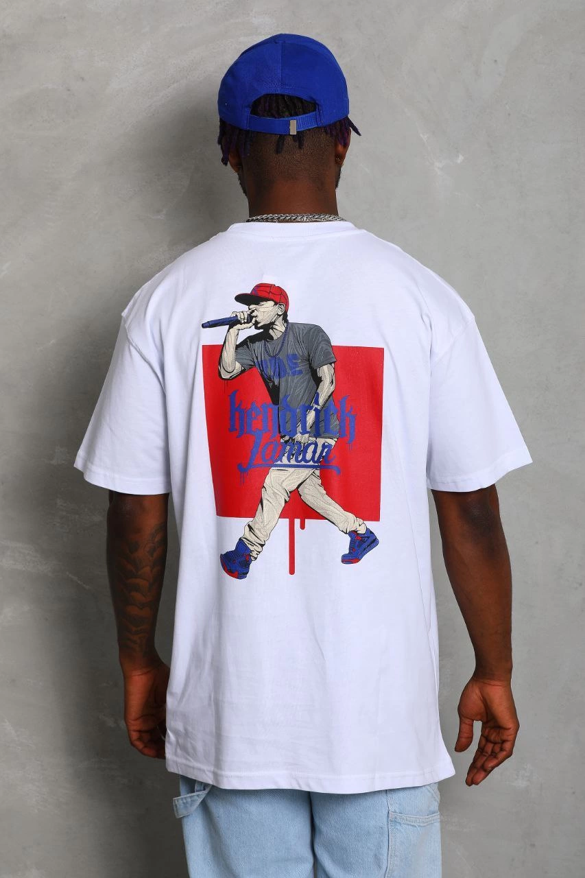Oversize Baskılı Bisiklet Yaka T-Shirt - Beyaz -