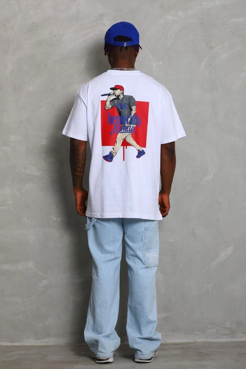 Oversize Baskılı Bisiklet Yaka T-Shirt - Beyaz -