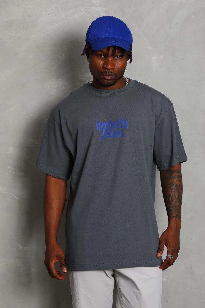 Oversize Baskılı Bisiklet Yaka T-Shirt - Füme -