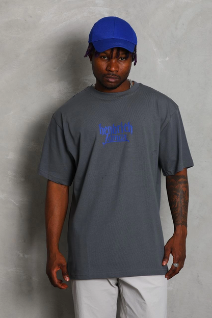 Oversize Baskılı Bisiklet Yaka T-Shirt - Füme -