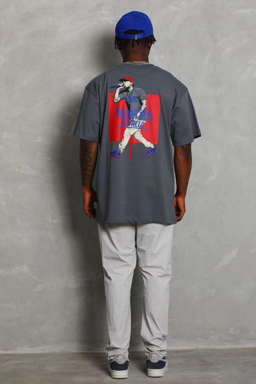 Oversize Baskılı Bisiklet Yaka T-Shirt - Füme -