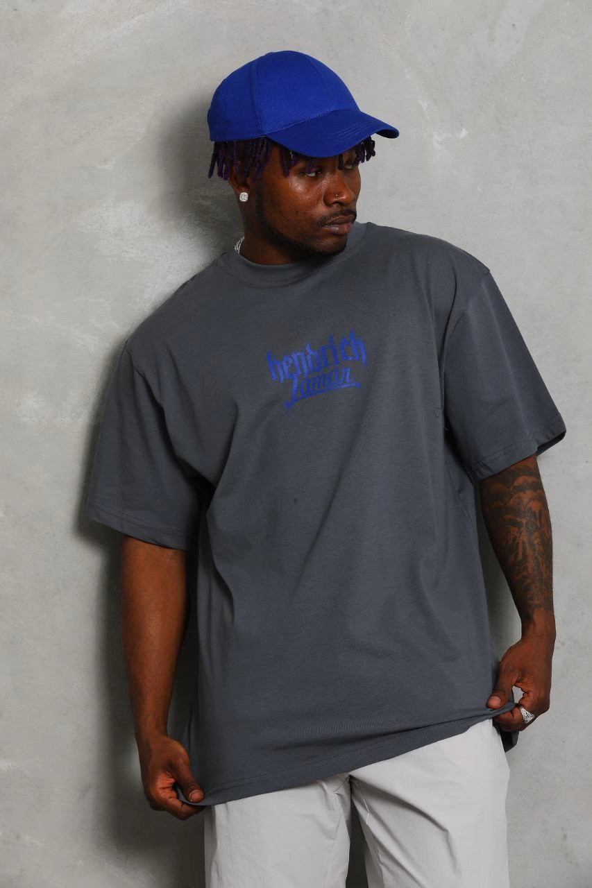 Oversize Baskılı Bisiklet Yaka T-Shirt - Füme -
