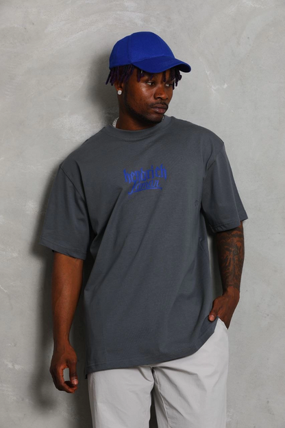 Oversize Baskılı Bisiklet Yaka T-Shirt - Füme -