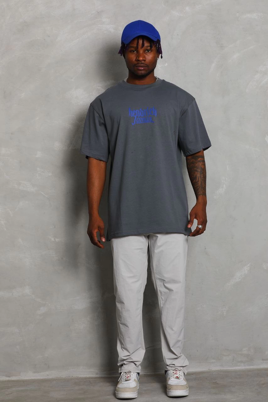 Oversize Baskılı Bisiklet Yaka T-Shirt - Füme -