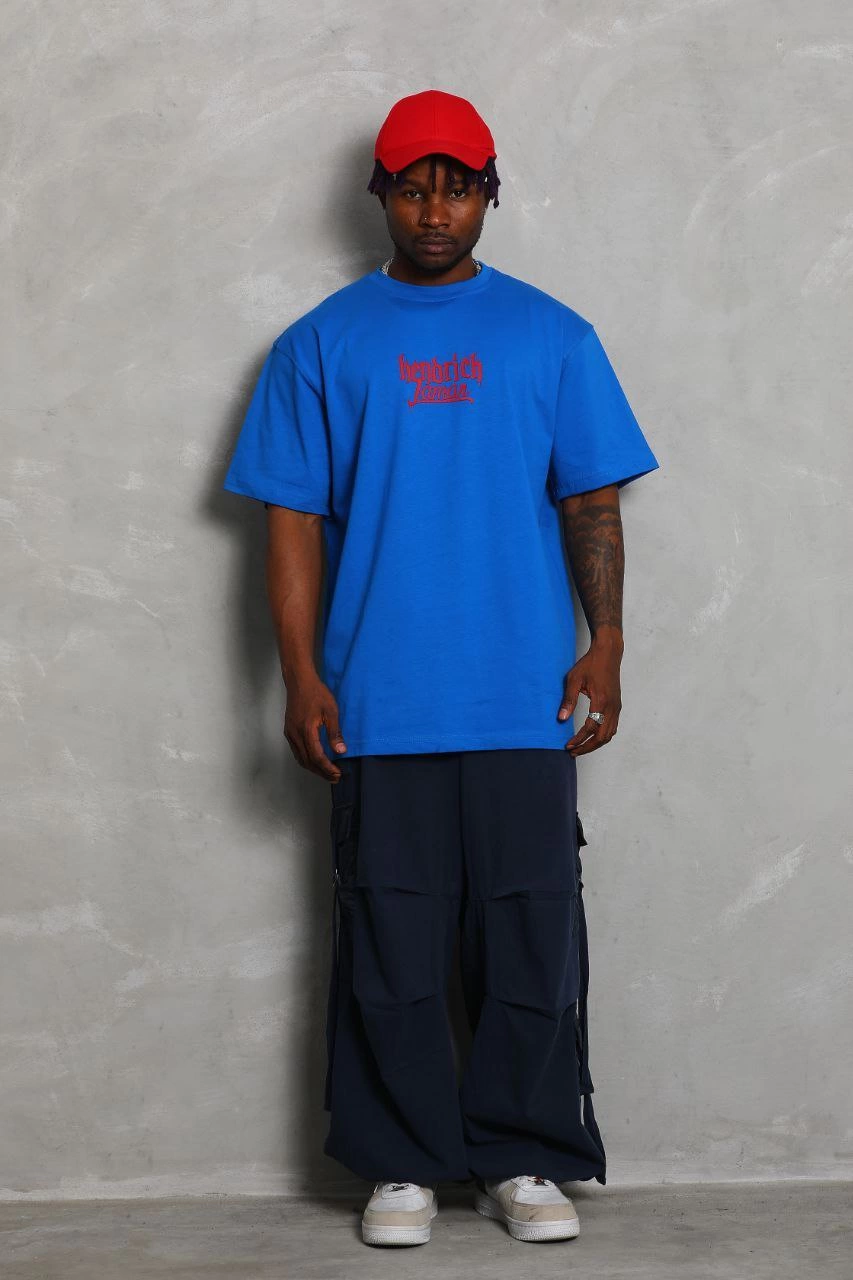 Oversize Baskılı Bisiklet Yaka T-Shirt - Mavi -