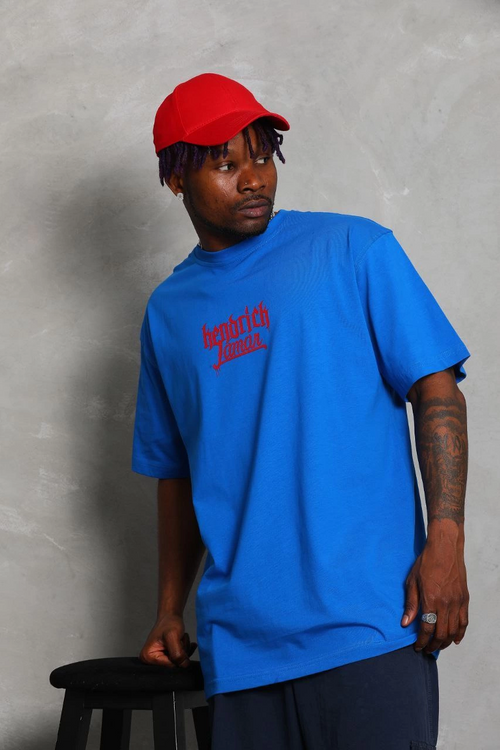 Oversize Baskılı Bisiklet Yaka T-Shirt - Mavi -