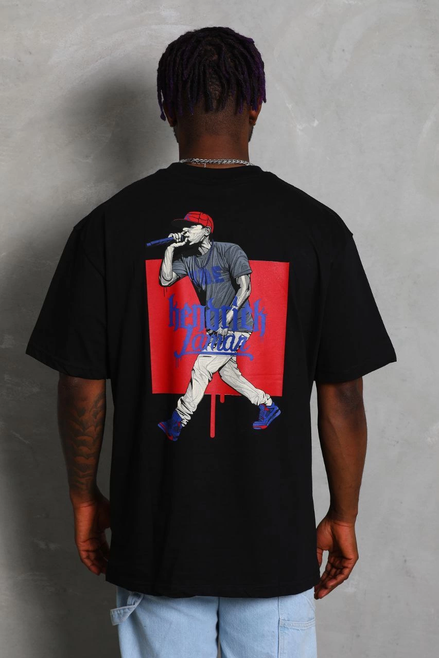 Oversize Baskılı Bisiklet Yaka T-Shirt - Siyah -