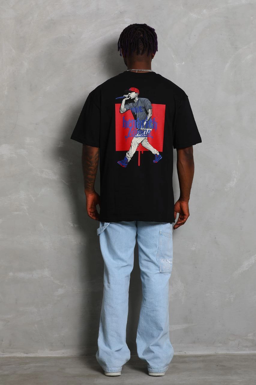 Oversize Baskılı Bisiklet Yaka T-Shirt - Siyah -