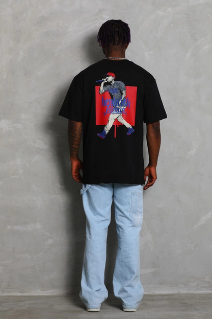 Oversize Baskılı Bisiklet Yaka T-Shirt - Siyah -