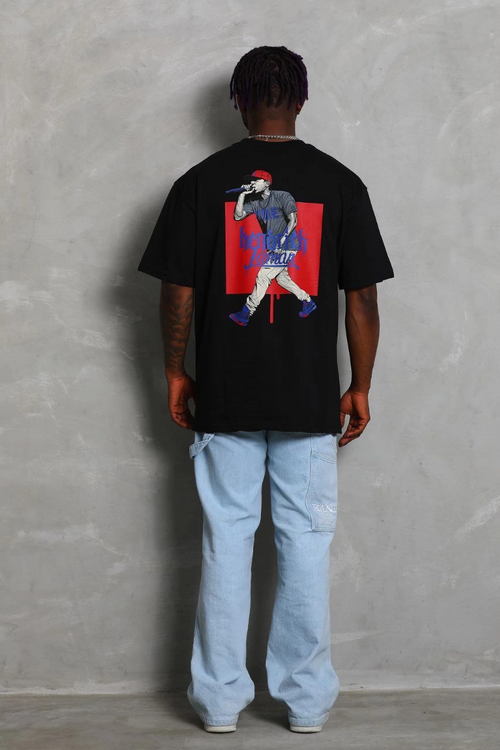 Oversize Baskılı Bisiklet Yaka T-Shirt - Siyah -