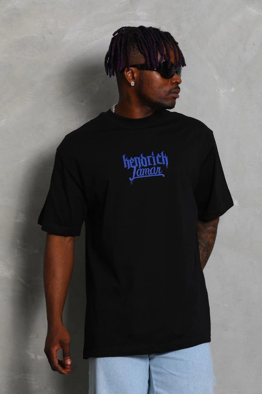 Oversize Baskılı Bisiklet Yaka T-Shirt - Siyah -