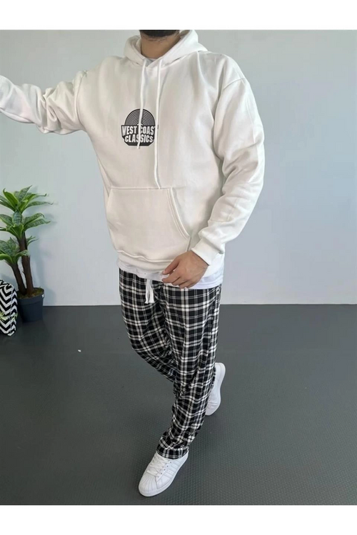 Baskılı Üç İplik Kapüşonlu Oversize Sweatshirt - Beyaz -