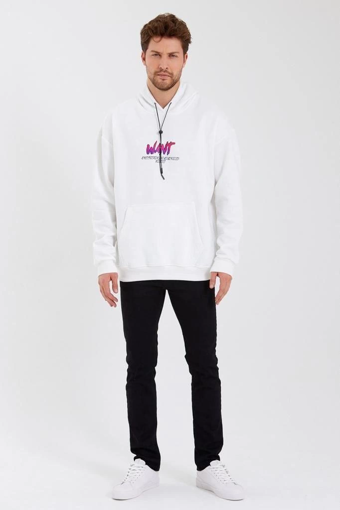 Baskılı Üç İplik Kapüşonlu Oversize Sweatshirt - Beyaz -