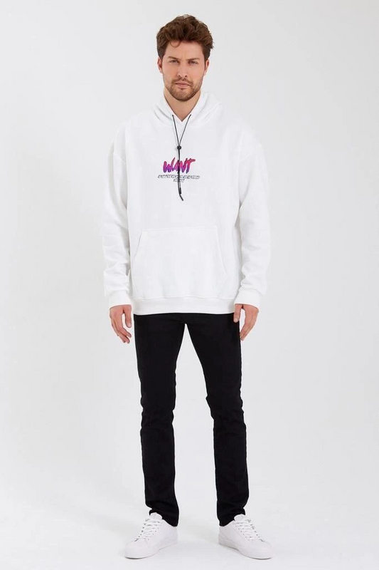 Baskılı Üç İplik Kapüşonlu Oversize Sweatshirt - Beyaz -