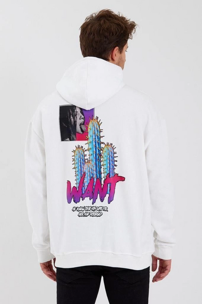Baskılı Üç İplik Kapüşonlu Oversize Sweatshirt - Beyaz -