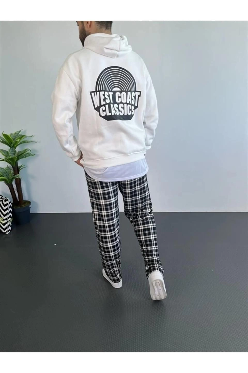 Baskılı Üç İplik Kapüşonlu Oversize Sweatshirt - Beyaz -