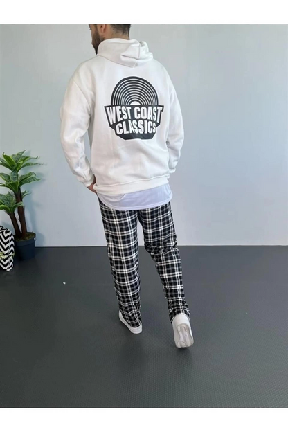 Baskılı Üç İplik Kapüşonlu Oversize Sweatshirt - Beyaz -