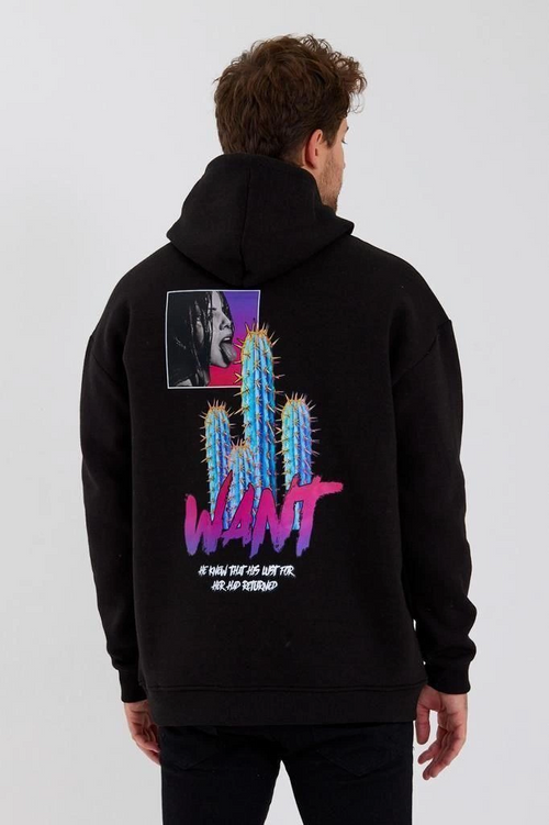 Baskılı Üç İplik Kapüşonlu Oversize Sweatshirt - Siyah -