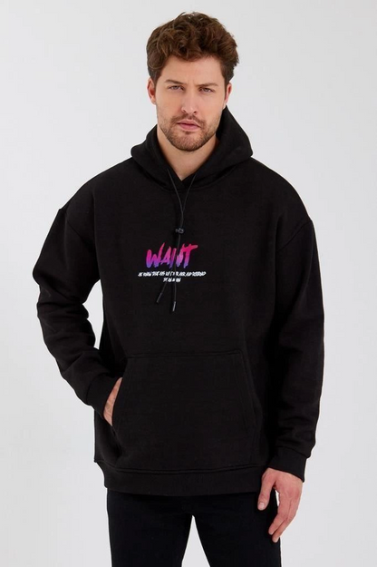 Baskılı Üç İplik Kapüşonlu Oversize Sweatshirt - Siyah -