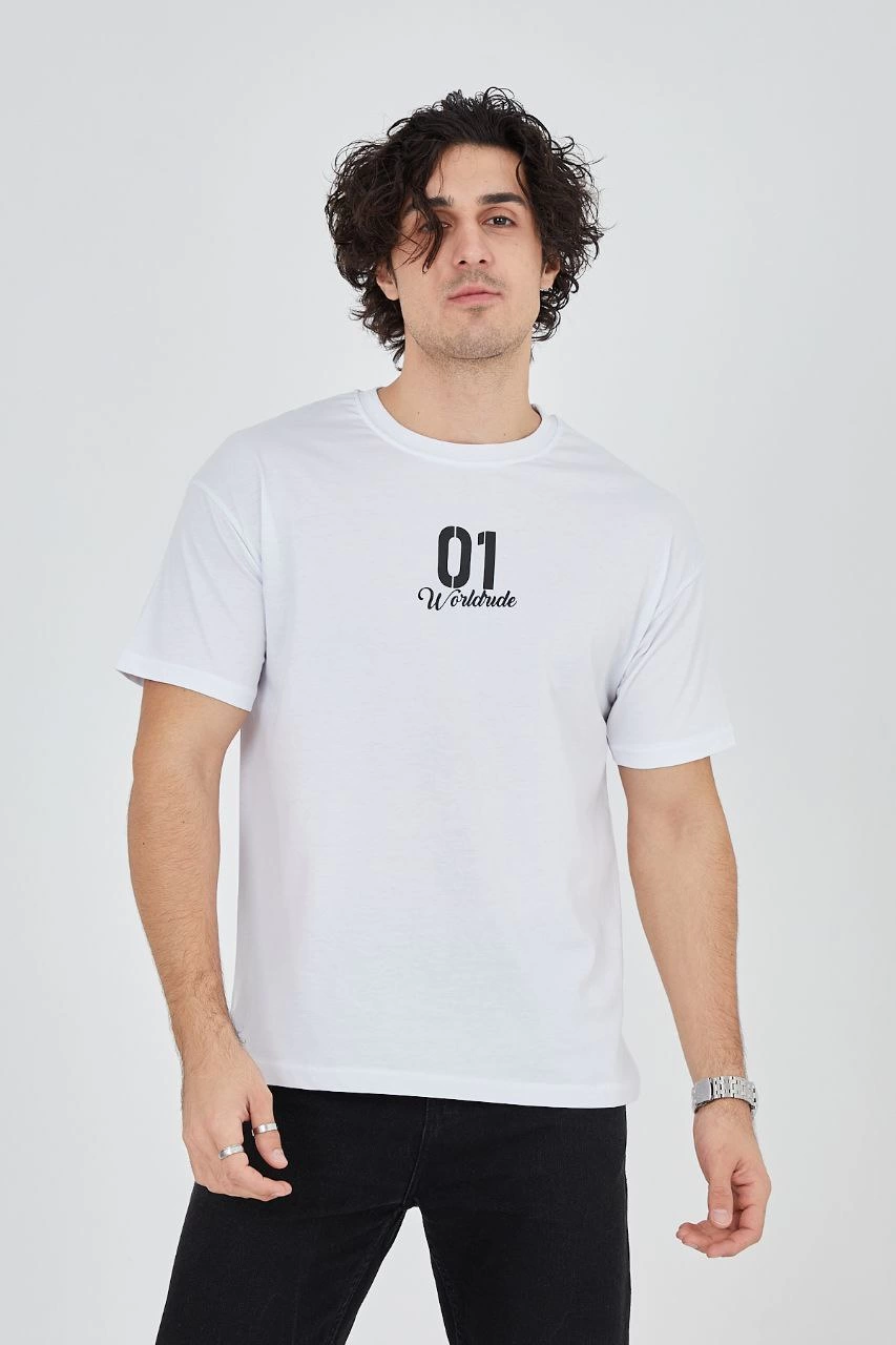 Bisiklet Yakalı Baskılı T-Shirt - Beyaz