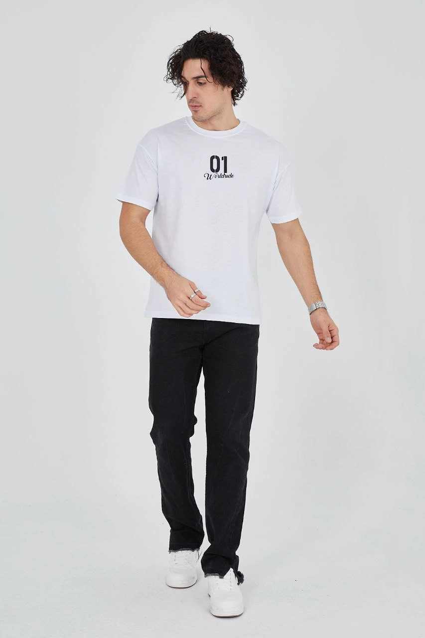 Bisiklet Yakalı Baskılı T-Shirt - Beyaz