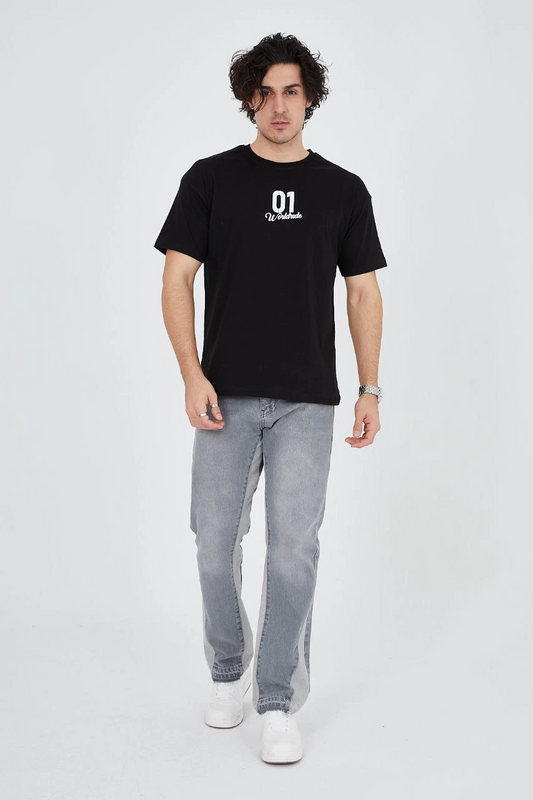 Bisiklet Yakalı Baskılı T-Shirt - Siyah