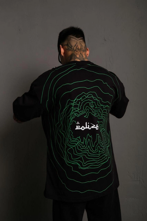 Bisiklet Yakalı Sırt Baskılı Oversize T-Shirt - Siyah -