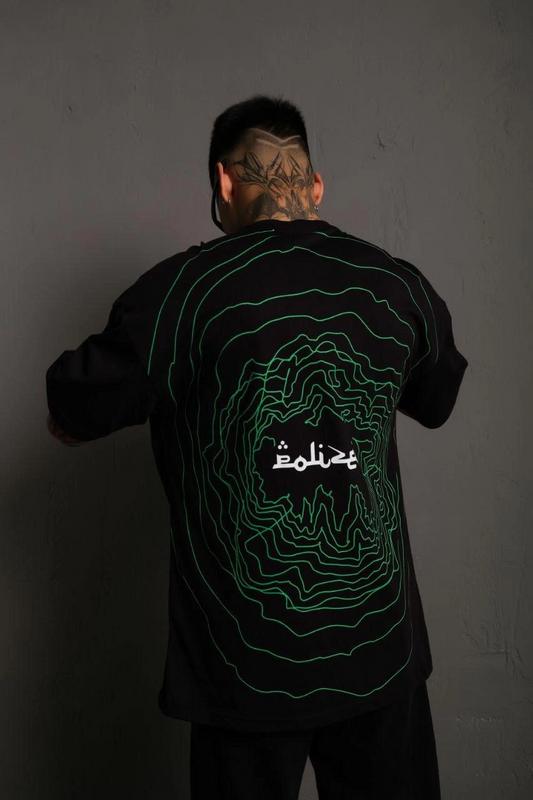 Bisiklet Yakalı Sırt Baskılı Oversize T-Shirt - Siyah -