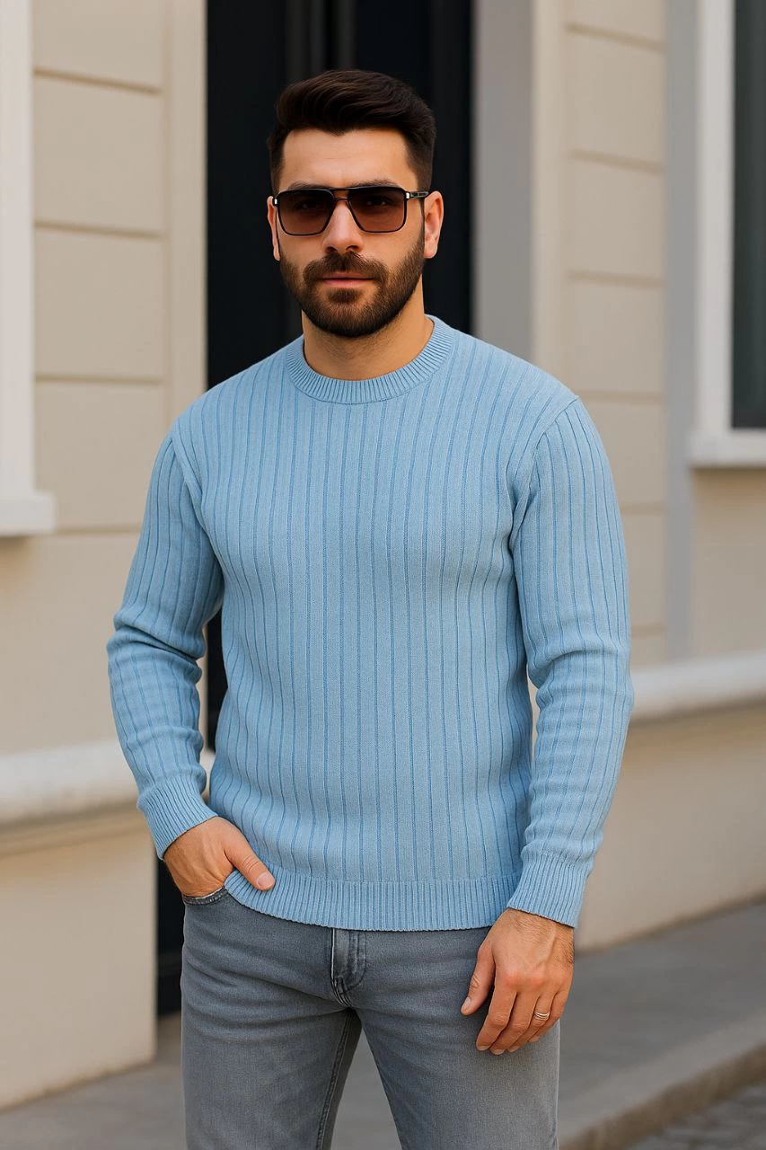 Bisiklet Yuvarlak Yaka Triko Kazak Pamuklu Kalın Fitilli Dokuma, Regular Fit Uzun Kollu Kışlık Model - Bebe Mavisi